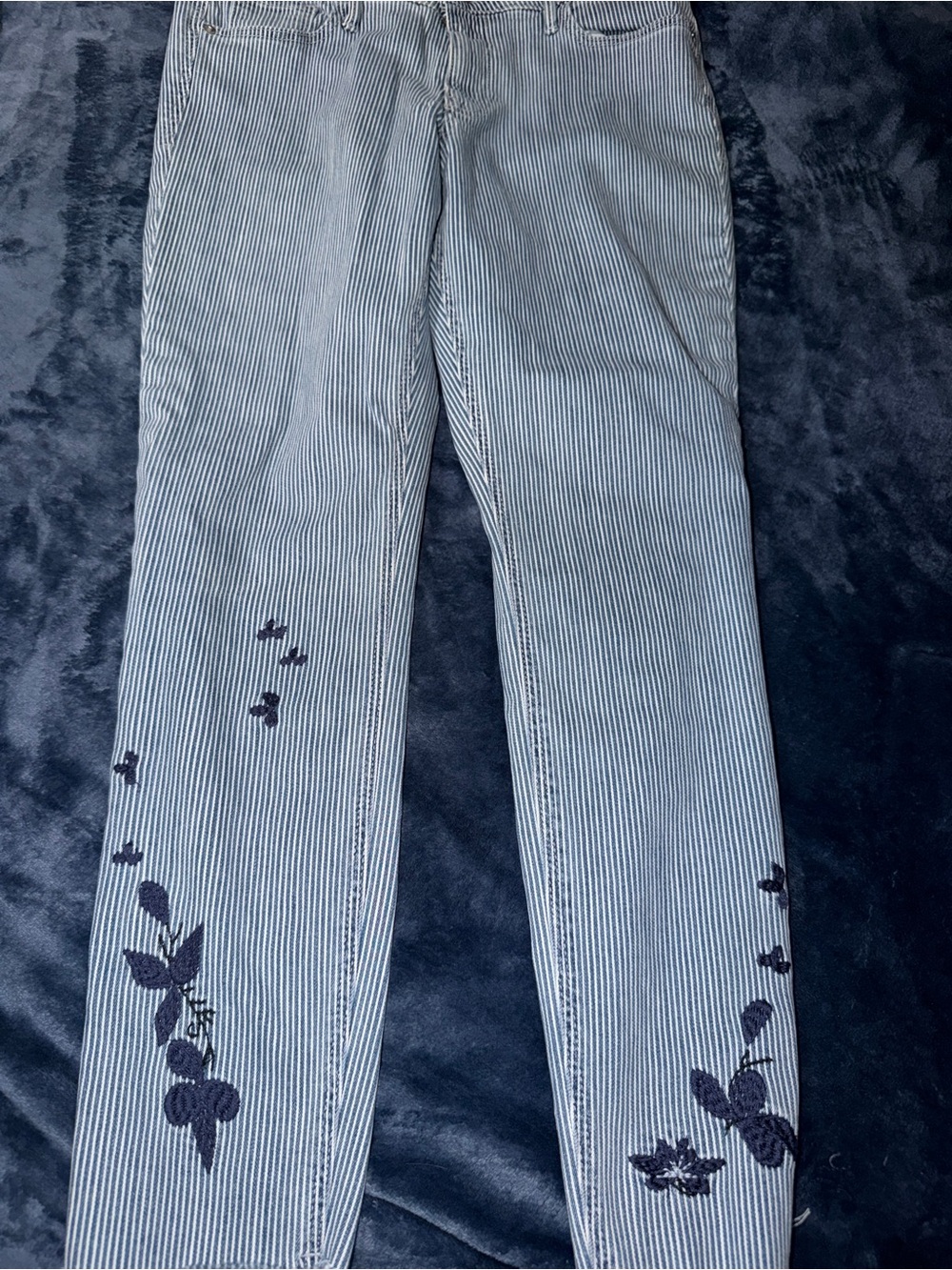 Old Navy Blue and White Striped Cropped Jeans with Navy Floral Embroidery